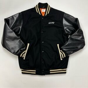 Lug mens Varsity bomber jacket black Keep the Dream Alive faux leather Small